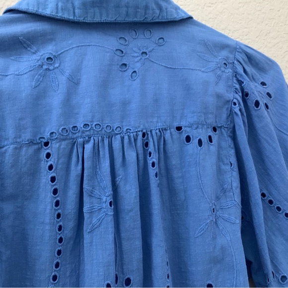 Blue Eyelet with Pearl Button-down 3/4 Sleeves Blouse 100% Cotton - Picture 7 of 9